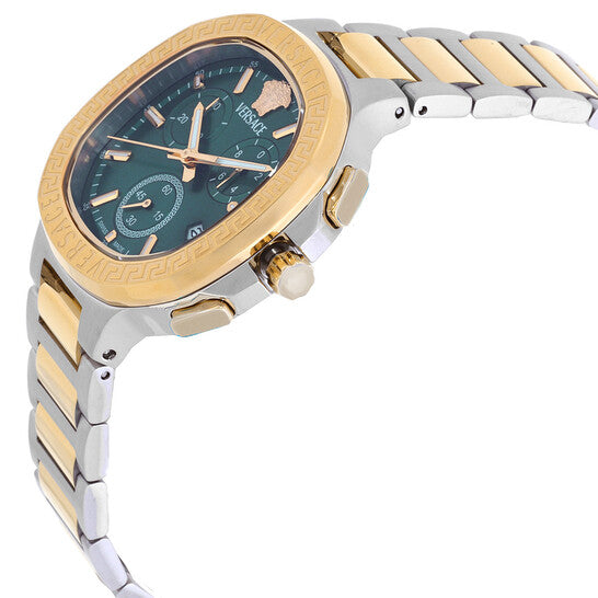 Side profile of Versace V-Chrono Square chronograph with dual-tone bracelet