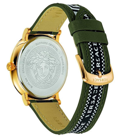 Versace V-Circle watch caseback displaying Medusa head and sapphire crystal text
