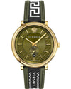 Versace V-Circle men's watch with green dial, gold-tone case, and green Greek key leather strap