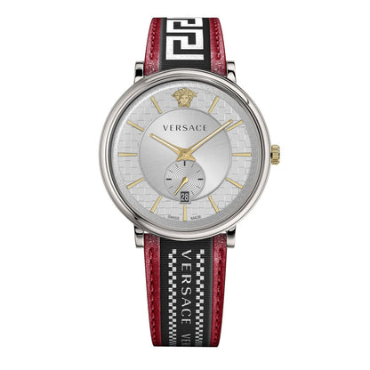 Front view of Versace V Circle watch showing silver dial and two-tone strap design