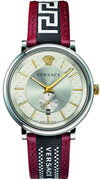 Versace V Circle watch with silver dial, gold hands, and burgundy/black leather strap