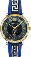 Versace V-Circle black dial watch with blue leather strap and gold bezel, Medusa logo visible