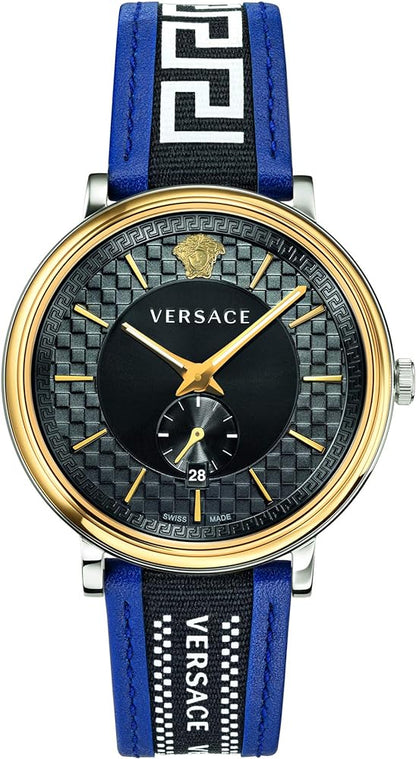 Versace V-Circle black dial watch with blue leather strap and gold bezel, Medusa logo visible