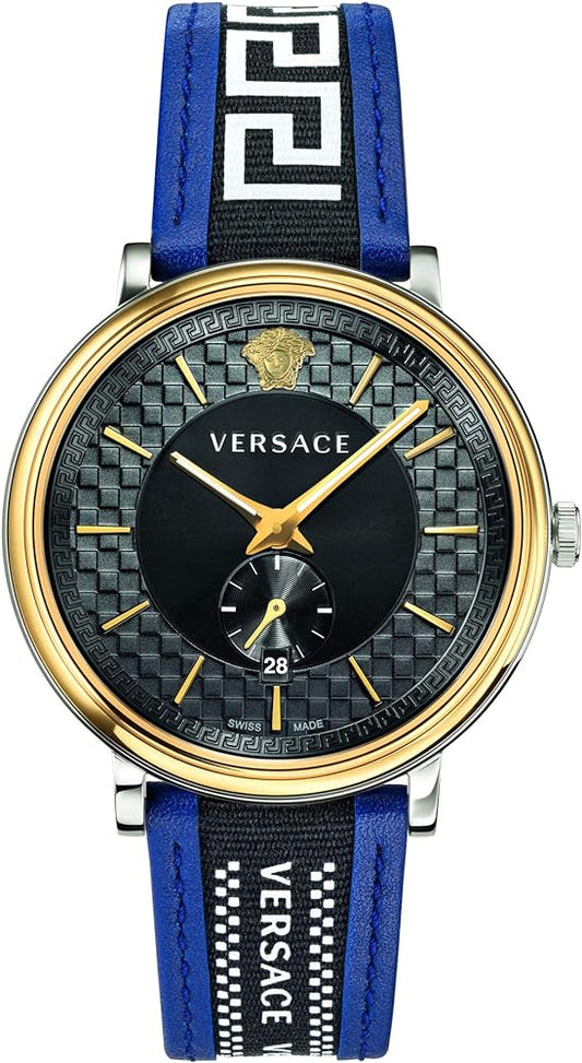 Versace V-Circle black dial watch with blue leather strap and gold bezel, Medusa logo visible