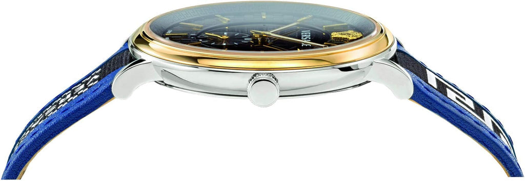 Side profile of Versace V-Circle watch displaying gold accent bezel and blue leather strap