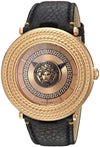 Versace V-Metal Icon rose gold watch with Medusa dial and ornate bezel on black leather strap