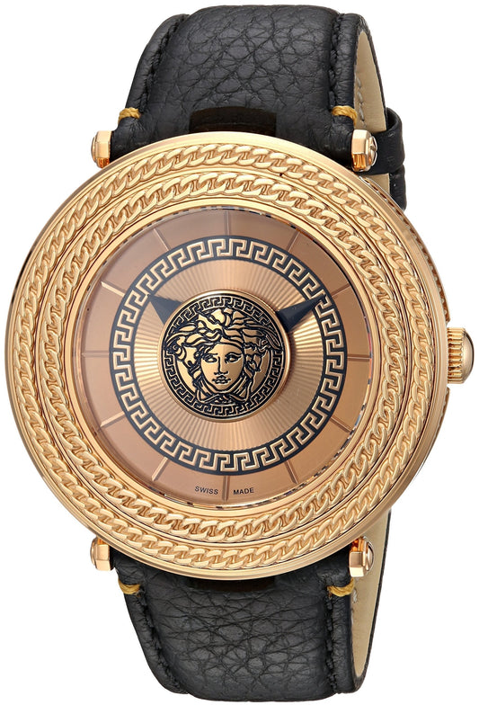 Versace V-Metal Icon rose gold watch with Medusa dial and ornate bezel on black leather strap