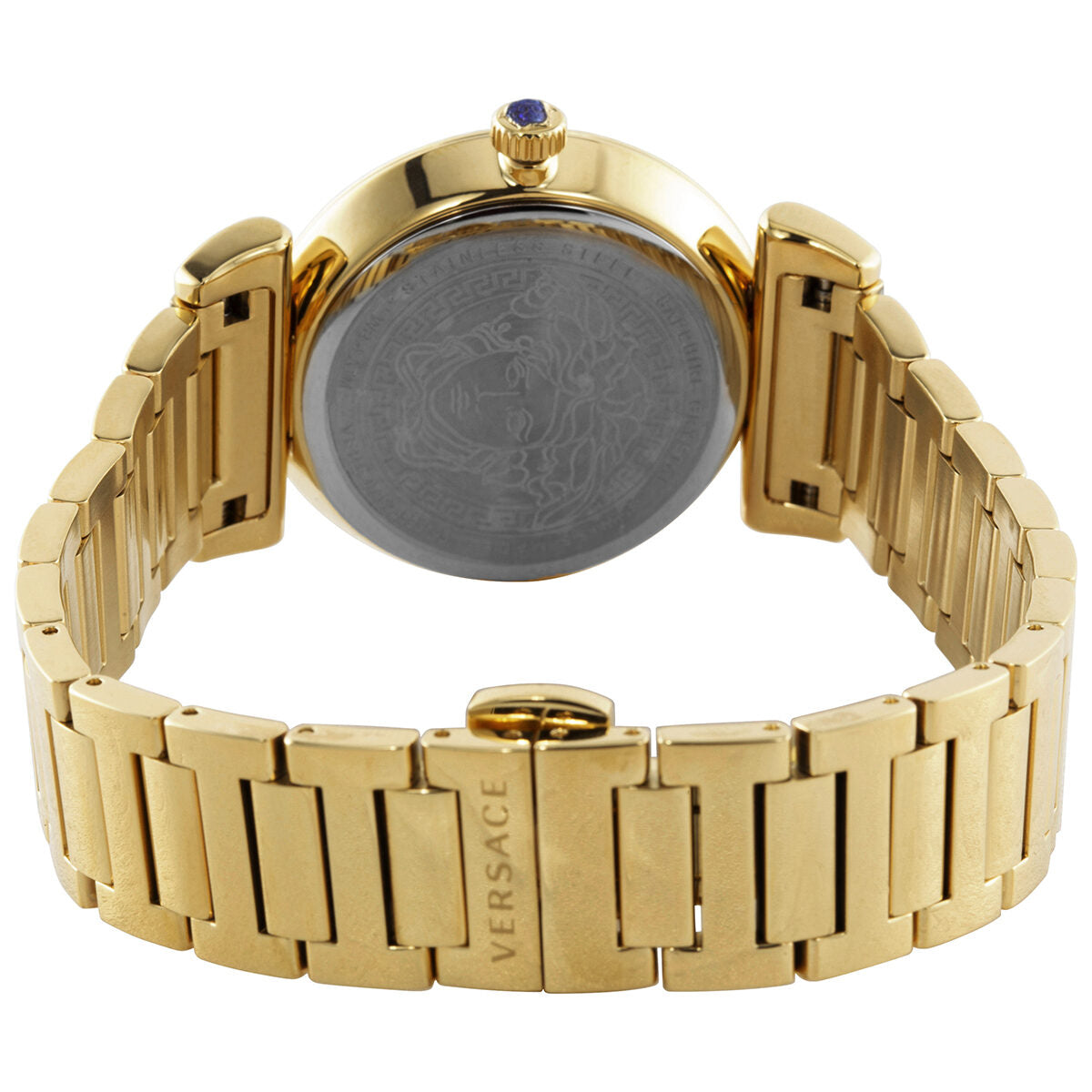 Caseback of Versace V-Motif gold watch showing Medusa detail