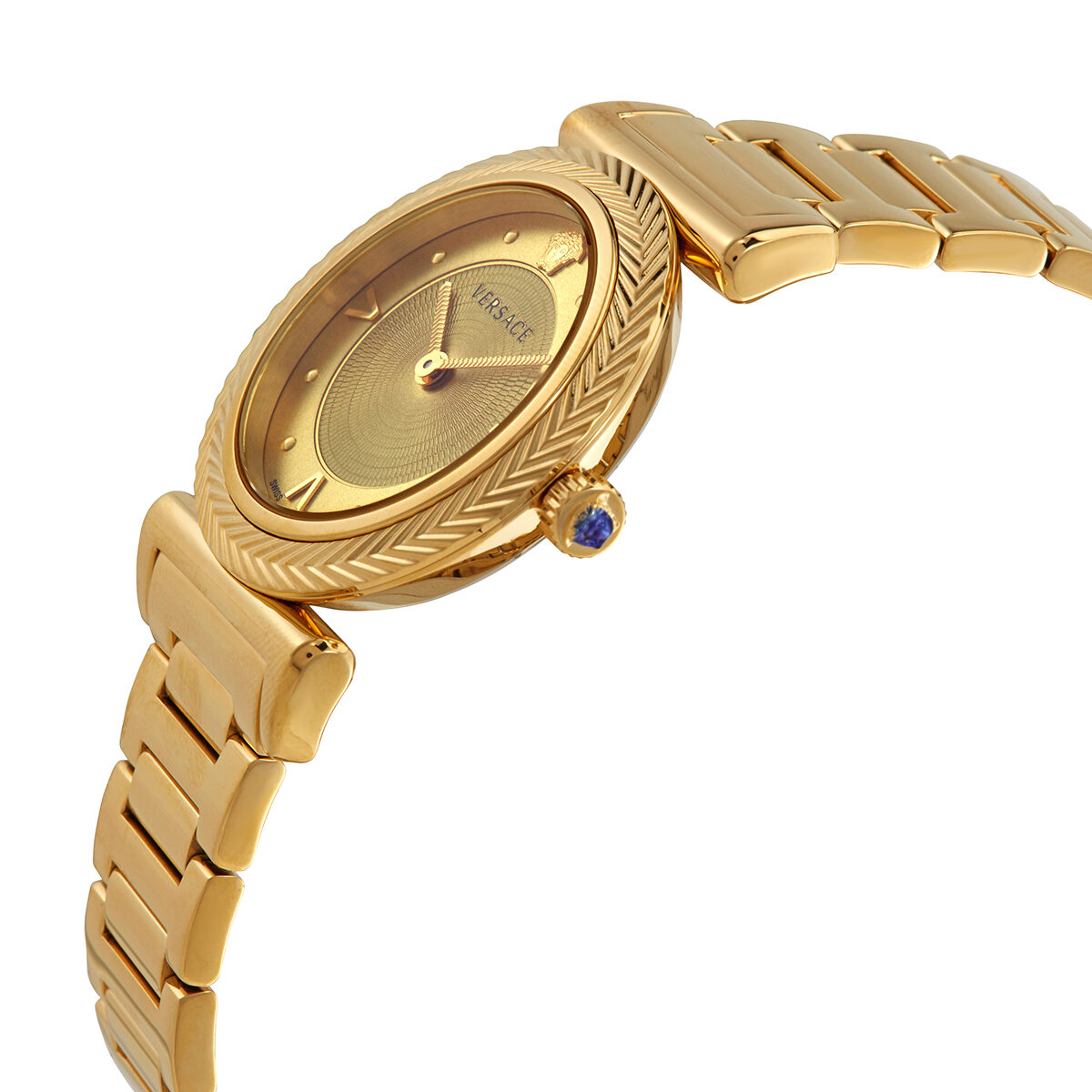 Side view of Versace V-Motif gold watch showing oval case profile and bracelet