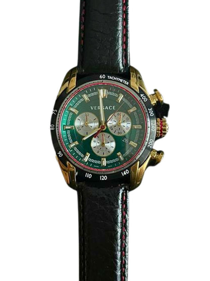 Versace V-Ray chronograph watch side view displaying green dial and tachymeter bezel