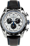 Versace V-Ray chronograph watch with white dial, black subdials, tachymeter bezel, and black leather strap