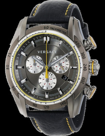 Versace V-Ray chronograph angled view showing grey dial, white subdials, and gold-accented bezel
