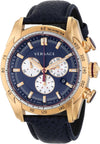 Versace V-Ray rose gold chronograph watch with navy dial and black leather strap