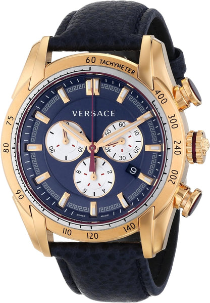 Versace V-Ray rose gold chronograph watch with navy dial and black leather strap