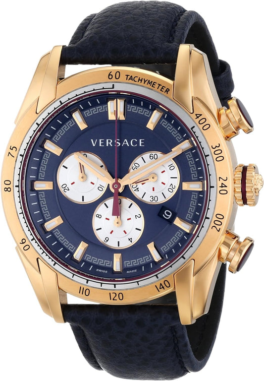 Versace V-Ray rose gold chronograph watch with navy dial and black leather strap