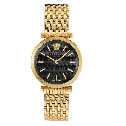Versace V-Twist watch front view with black dial and gold mesh bracelet