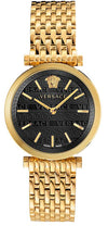 Versace V-Twist women's watch with black dial, gold-tone case, and gold mesh bracelet
