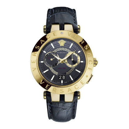 Versace V-Race men's watch with gold-tone case, black chronograph dial, dual subdials, and black leather strap