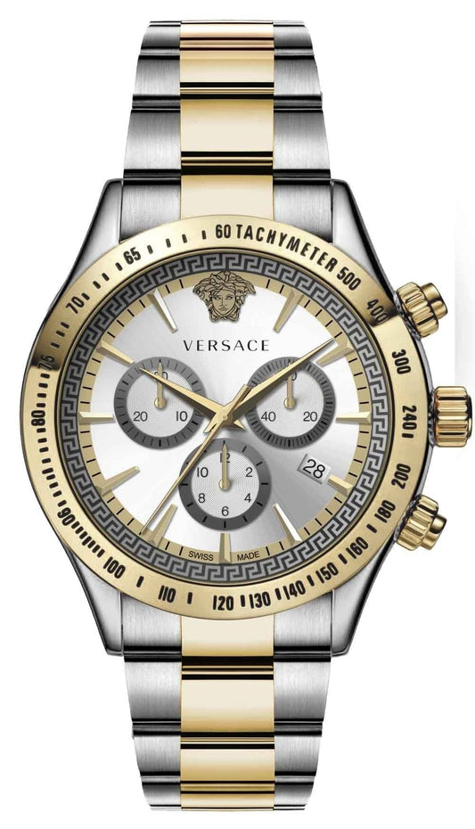 Versace two-tone stainless steel chronograph watch with silver dial and three subdials