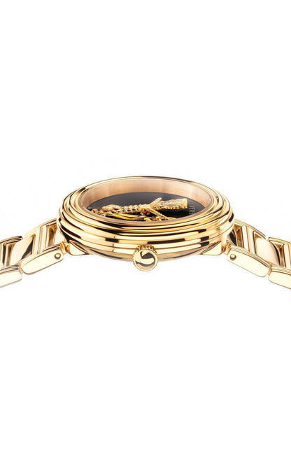 Dial detail showing Versace Medusa logo with gold bracelet lugs on gold case