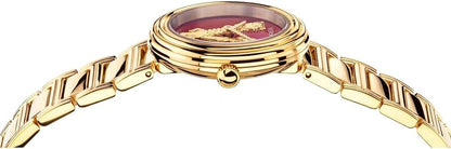 Versace Virtus watch from side angle showing red dial and gold bracelet
