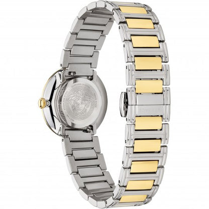 Versace Virtus women's watch caseback showing Medusa medallion and two-tone bracelet
