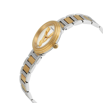 Versace Virtus two-tone women's watch shown from side angle on wrist