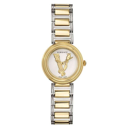 Versace Virtus women's watch displayed vertically showing face and two-tone bracelet